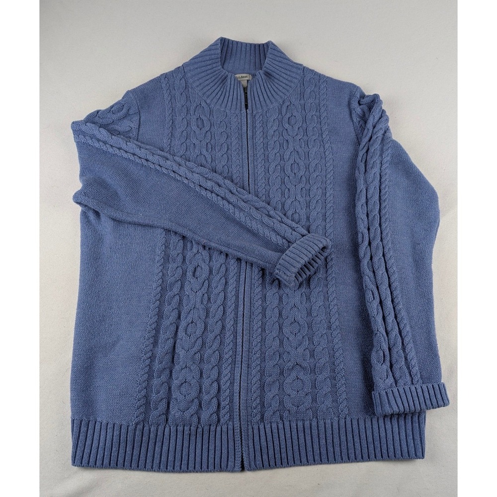 LL Bean Women XL Blue Cable Knit Full Zip Cotton Cardigan Sweater 298836 - Picture 2 of 13